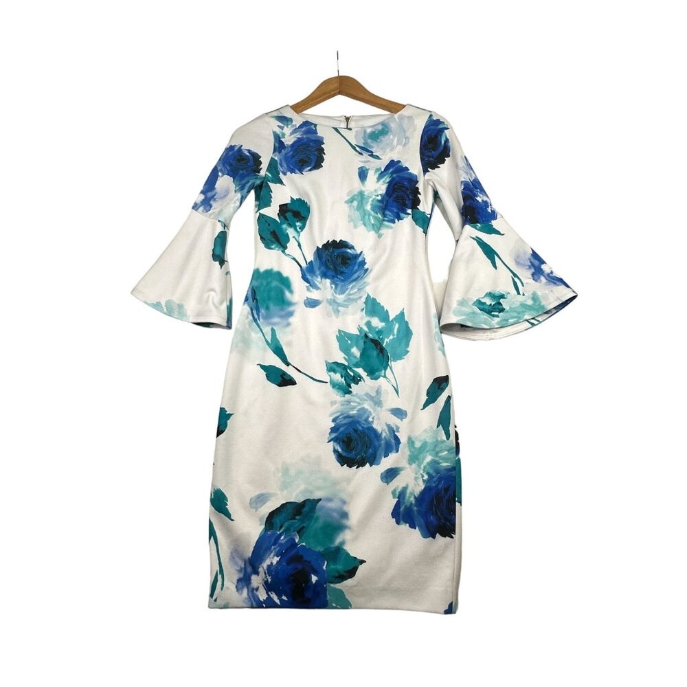 Calvin Klein Floral Print Bell Sleeve Knee Length Dress size 2 White/Blue